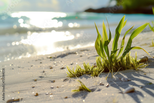 Different types of seagrass sea grass weed seaweed on beach sand by the water in Playa del Carmen Quintana Roo Mexico photo