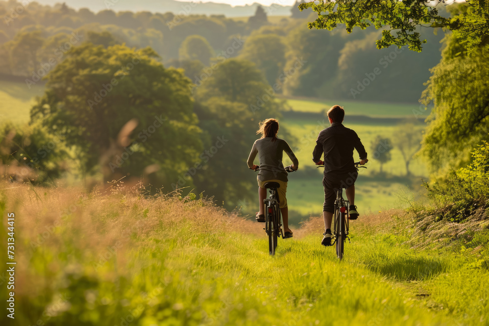 man and a woman cycling through picturesque countryside, enjoying the scenery