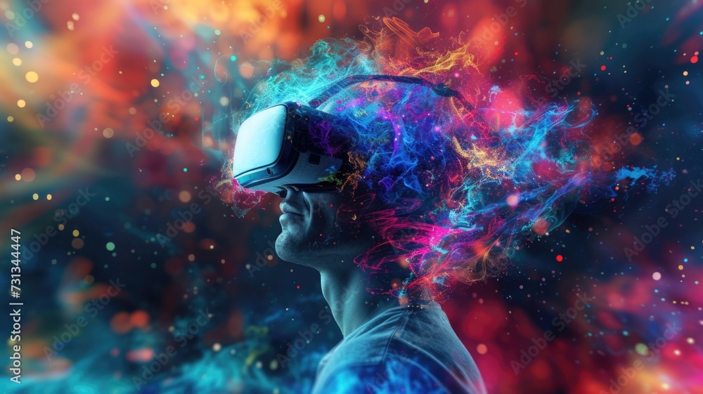 person immersed in a virtual reality experience with a colorful, abstract explosion of shapes and particles emanating from the VR headset - obrazy, fototapety, plakaty 