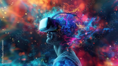 person immersed in a virtual reality experience with a colorful, abstract explosion of shapes and particles emanating from the VR headset photo