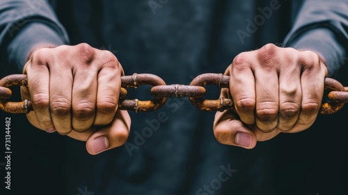 Man s hands shackled with rusty chain, close up shot representing imprisonment and restriction