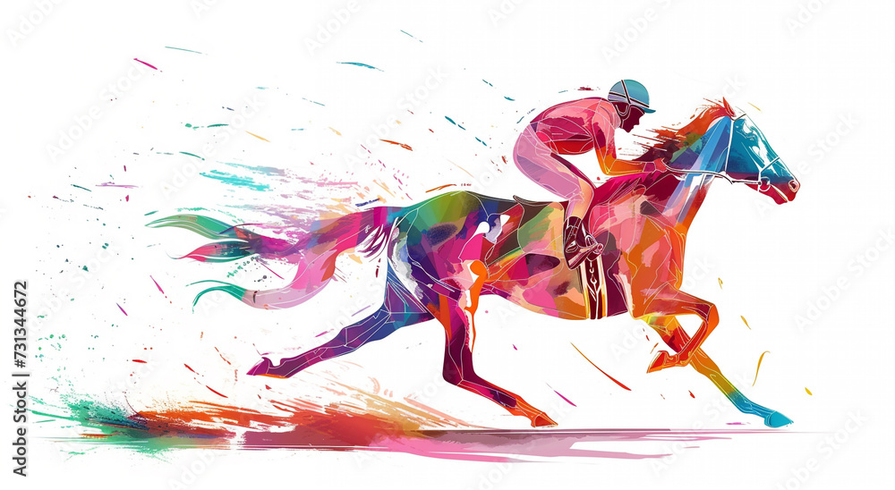 Obraz premium Race Horse, jockey running action. Eexpressive Illustration of Jockey on horse at Full Speed. Imitation of watercolor painting.