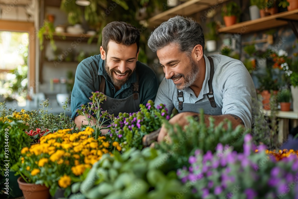 Happy gay couple planting flowers together at home Happy gay couple planting flowers together at home