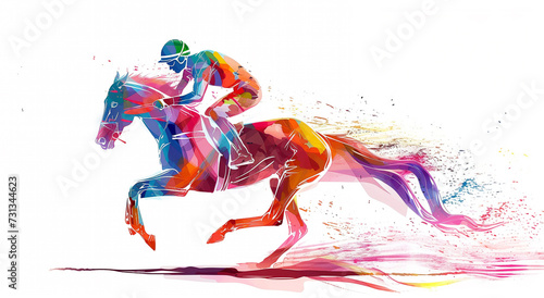 Race Horse, jockey running action. Eexpressive Illustration of Jockey on horse at Full Speed. Imitation of watercolor painting.