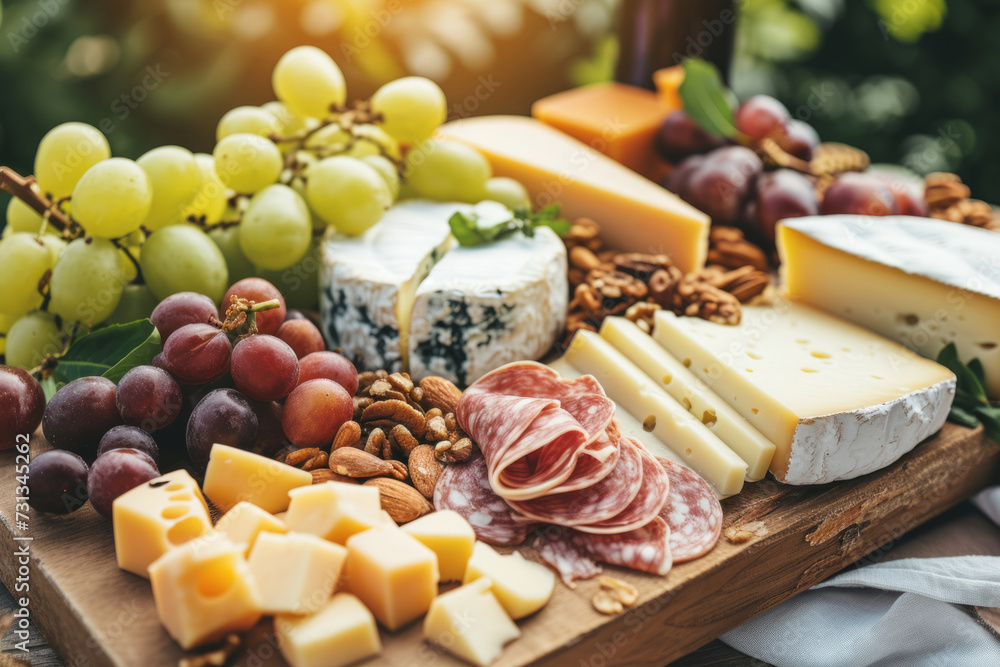 Assorted cheeses, meats, fresh fruits, nuts and appetizers beautifully arranged on a wooden board. Generative AI Assorted cheeses, meats, fresh fruits, nuts and appetizers beautifully arranged on a wooden board. Generative AI