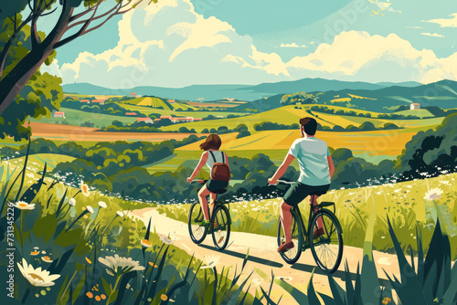 man and a woman cycling through picturesque countryside, enjoying the scenery #731345226