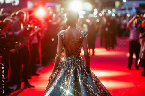 Back view of celebrity in shiny dress turning posing for photographers on red carpet. Generative AI photo