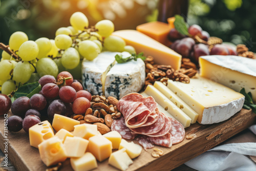 Assorted cheeses, meats, fresh fruits, nuts and appetizers beautifully arranged on a wooden board. Generative AI