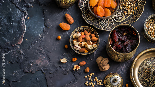 Wallpaper Mural Top view of Ramadan Kareem Islamic greeting card with lantern, dried dates, nuts, cup of tea Torontodigital.ca