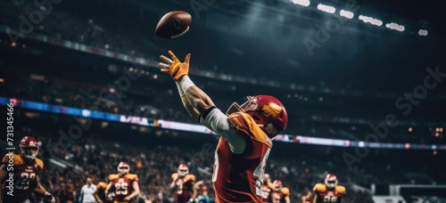 American football player catching ball during game. Sports and action. Banner. © Postproduction