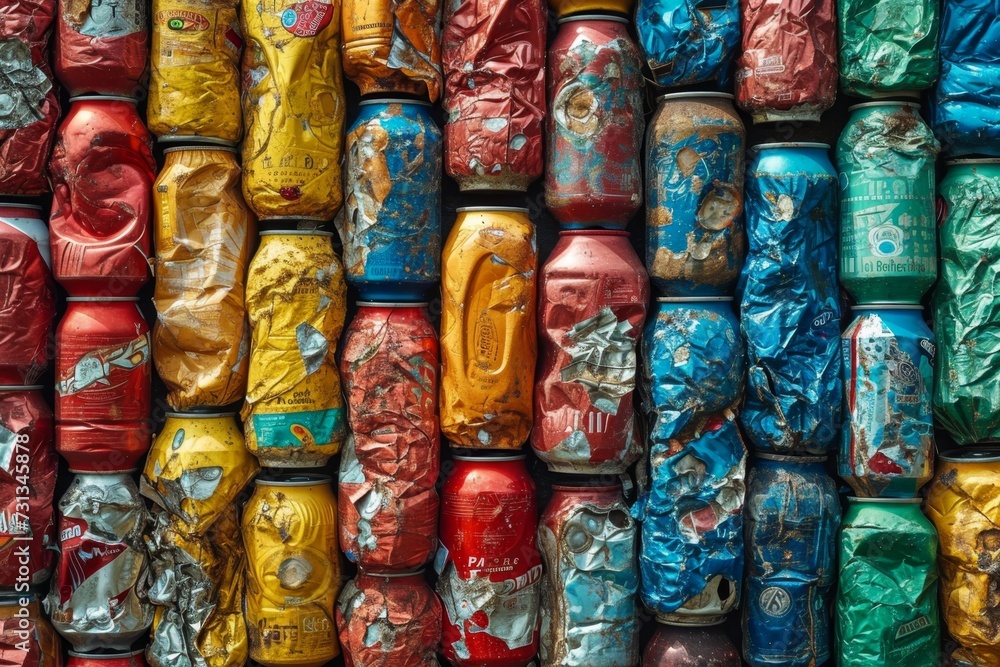 A bunch of used colored aluminum jars are ready for recycling