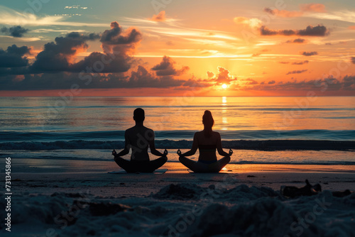 man and a woman doing yoga on the beach, watching the sunset