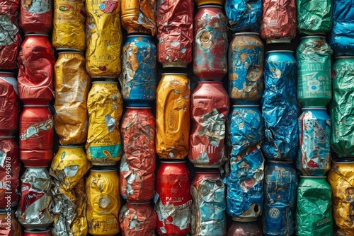 A bunch of used colored aluminum jars are ready for recycling