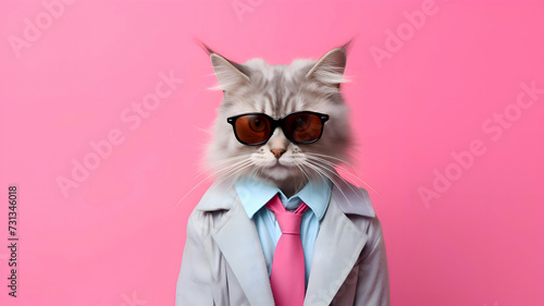 Cool looking cat wearing beige trenchcoat, light blue shirt, pink tite, and glasses in pink theme. Isolated on pink background with copy space area that can place a text