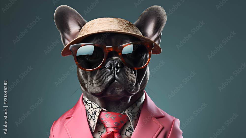 Cool looking french bulldog wearing pink suit, tie, sunglasses and straw hat in grey theme. Isolated on grey background with copy space area that can place a text. Cool looking french bulldog wearing pink suit, tie, sunglasses and straw hat in grey theme. Isolated on grey background with copy space area that can place a text.