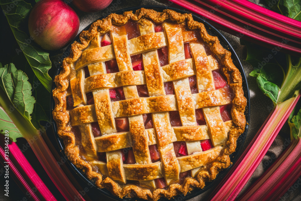 Rhubarb pie surrounded by fresh rhubarb stalks. Generative AI Rhubarb pie surrounded by fresh rhubarb stalks. Generative AI
