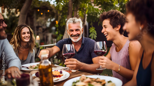 group of friends having dinner in the garden enjoying their life. Tavolata setting  red wine 