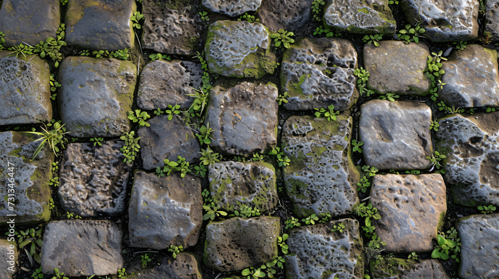 A captivating and enchanting stock image showcasing an ancient cobblestone pathway, its stones gracefully adorned with the passage of time. The weathered surface reveals a harmonious fusion