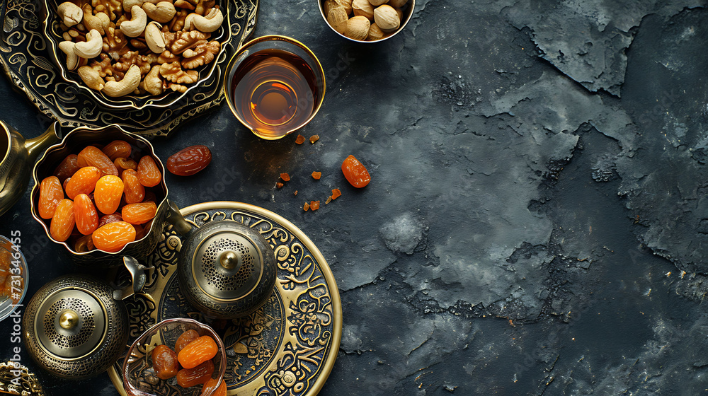 Top view of Ramadan Kareem Islamic greeting card with lantern, dried dates, nuts, cup of tea