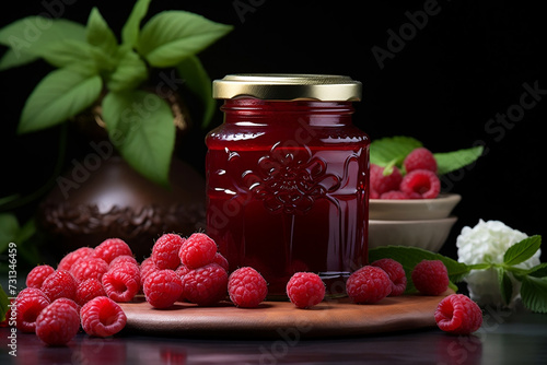 Glass jar with raspberry jam.