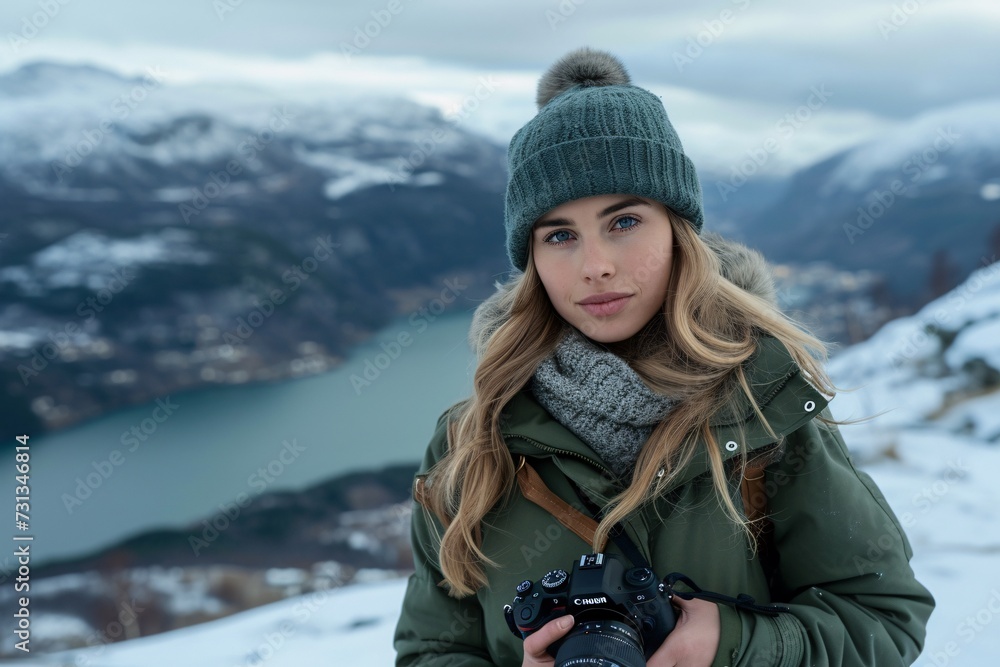 A girl, photographer is enjoying the view from a top of a mountain and holding a camera