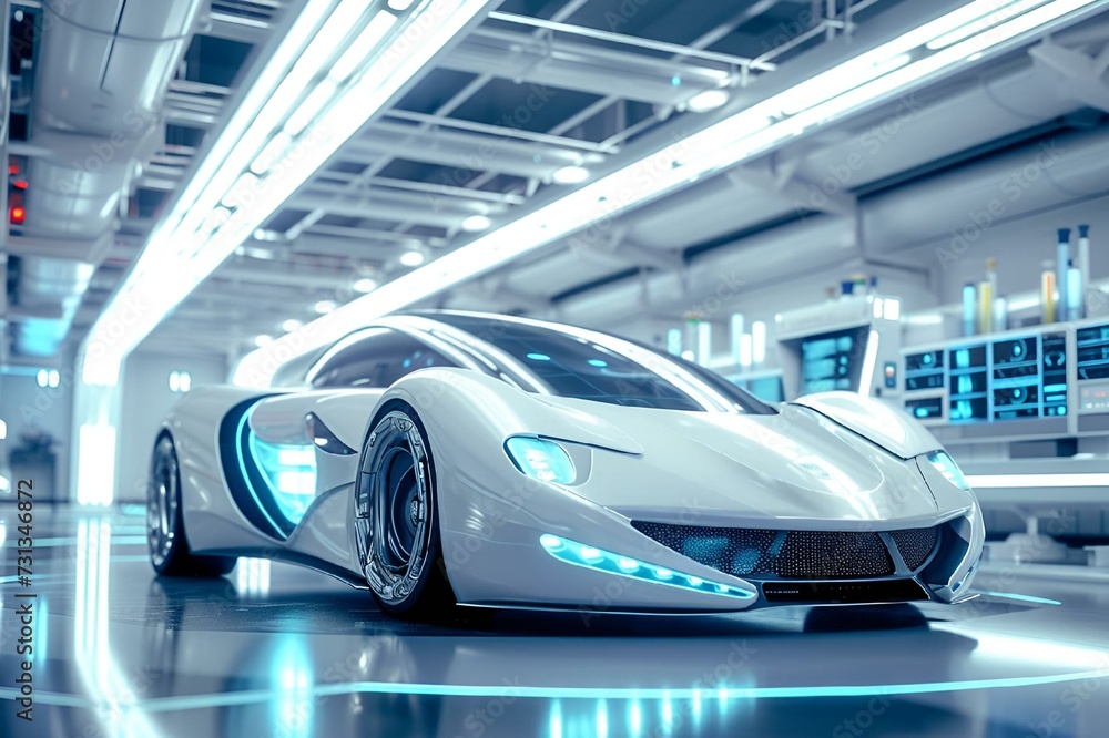 AI generated illustration of a futuristic vehicle showcased under blue night lights