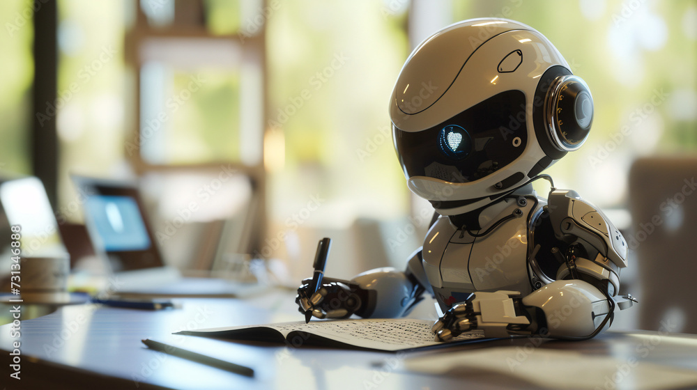 Fototapeta premium Autonomous Assistant: Advanced Robot Writing Notes, Office Automation Concept