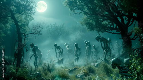 a bunch of dead people that are in the woods near a moon