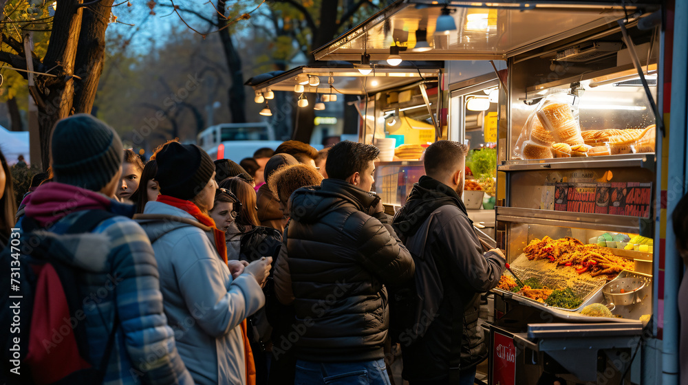 Hungry customers eagerly wait in line at a trendy food truck, tantalized by the mouthwatering aroma of sizzling dishes.