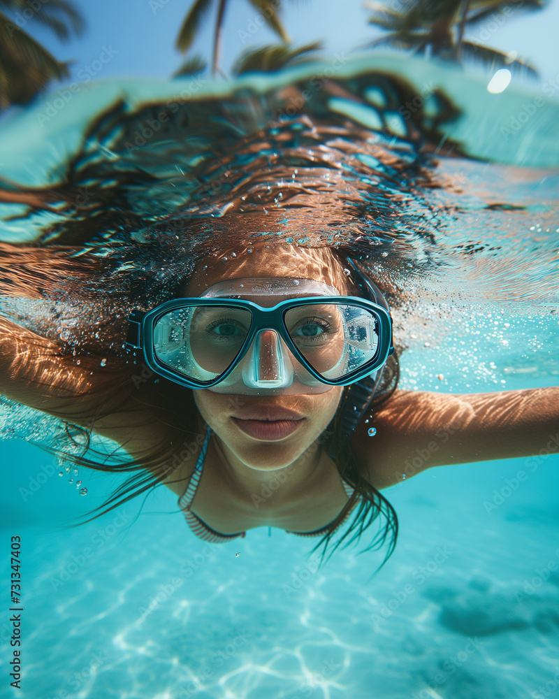 Fototapeta premium girl is Underwater Exploration in Summer Bliss, Woman Snorkeling Near the Beach on Sunny Holiday