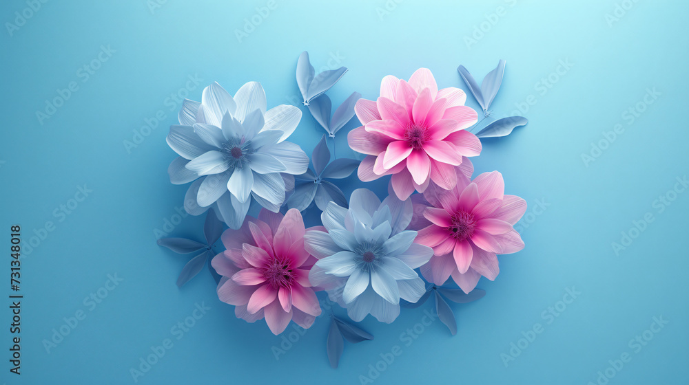 Beautiful radial symmetry gradient flowers depicted in a captivating top view. These vibrant and isolated blooms create a striking visual impact against a mesmerizing blue background. Perfec
