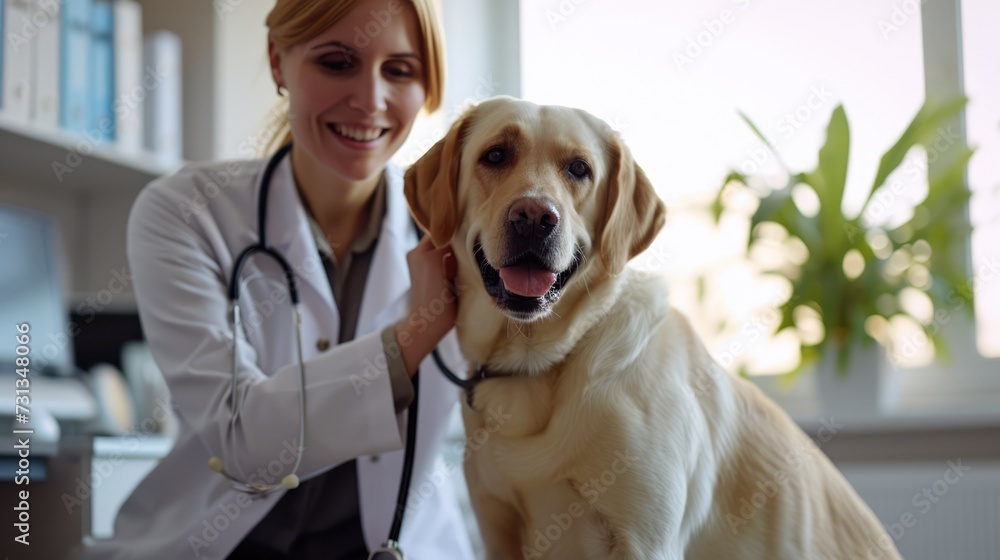 A stern-faced woman, dressed in her white coat, tenderly attends to a golden retriever in her pristine office.