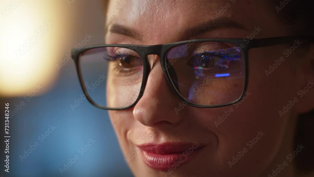 Close up shot of nervous business lady control the stocks market updates in eyeglasses reflection. Professional trader analyzing graphics changes. Stocks market financial analytic Close up shot of nervous business lady control the stocks market updates in eyeglasses reflection. Professional trader analyzing graphics changes. Stocks market financial analytic