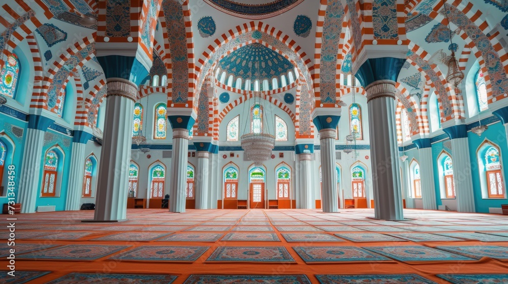Interior of a spacious and ornate mosque with intricate designs, arches, and a large carpet. Beauty of Islamic architecture