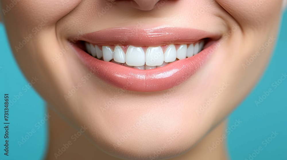 Fototapeta premium Radiant and confident smile after successful tooth implant, leaving space for celebratory text