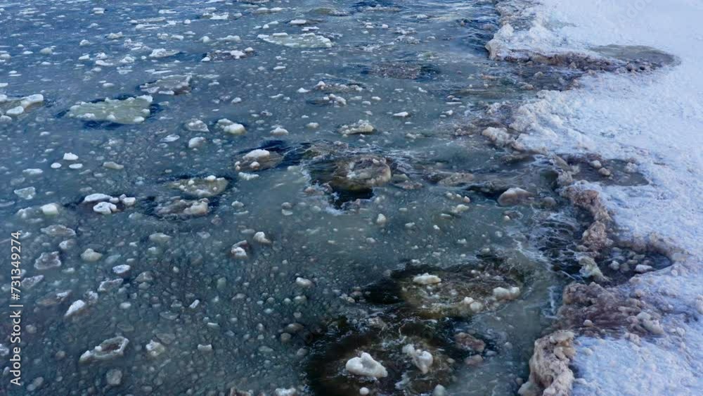 Aerial view of freezing Baltic sea in the winter morning with snow and ice. Ice floes on Frozen Baltic Sea. Cold heavy sea water mixed with snow and ice waves against the shore. Aerial view of freezing Baltic sea in the winter morning with snow and ice. Ice floes on Frozen Baltic Sea. Cold heavy sea water mixed with snow and ice waves against the shore.