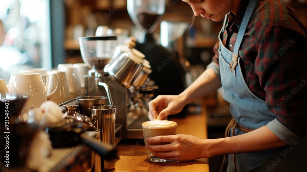 Barista in denim apron carefully pouring milk to create latte art in a coffee cup at a bustling cafe.