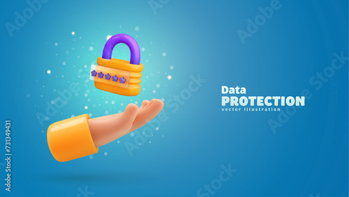 Data protection, safe information, encryption datum, protection network, privacy account. Yellow digital security lock over human hand. Padlock with password cartoon design on blue background.