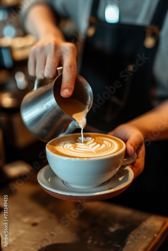 Close-up of a barista pouring milk to create a heart pattern in a latte at a coffee shop.