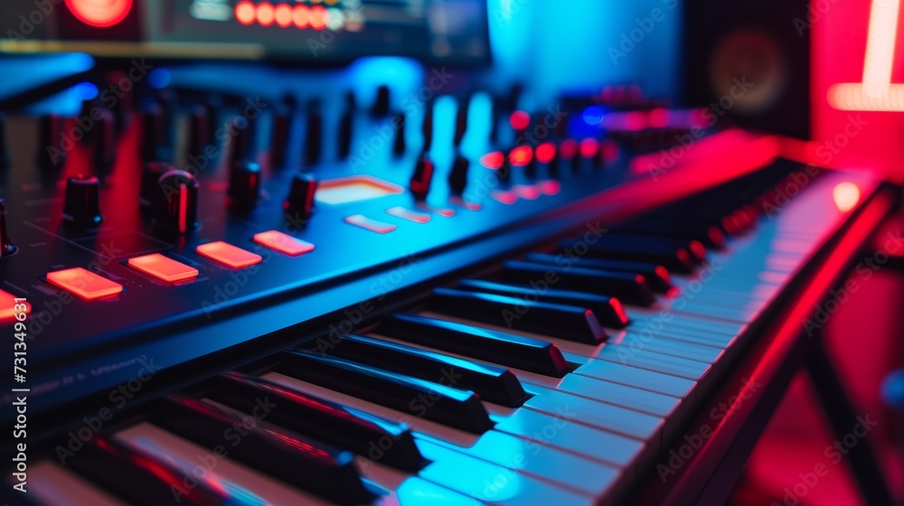 Detailed view of music studio equipment with vibrant LED lights on a synthesizer and sound mixer. Detailed view of music studio equipment with vibrant LED lights on a synthesizer and sound mixer.