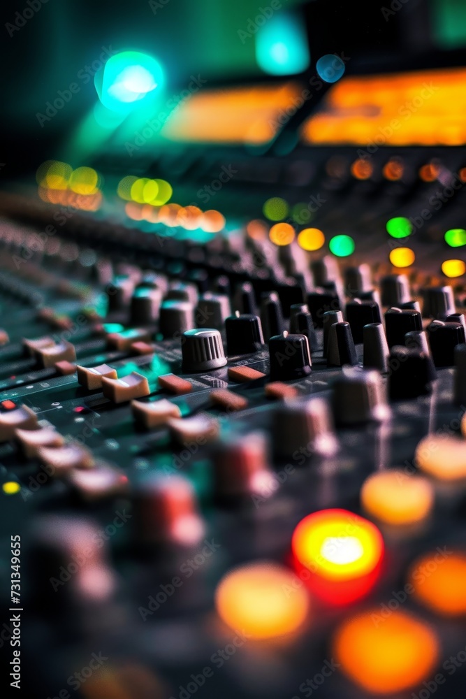 Music mixer console with illuminated knobs and sliders in a dimly lit studio, capturing the essence of sound engineering.
