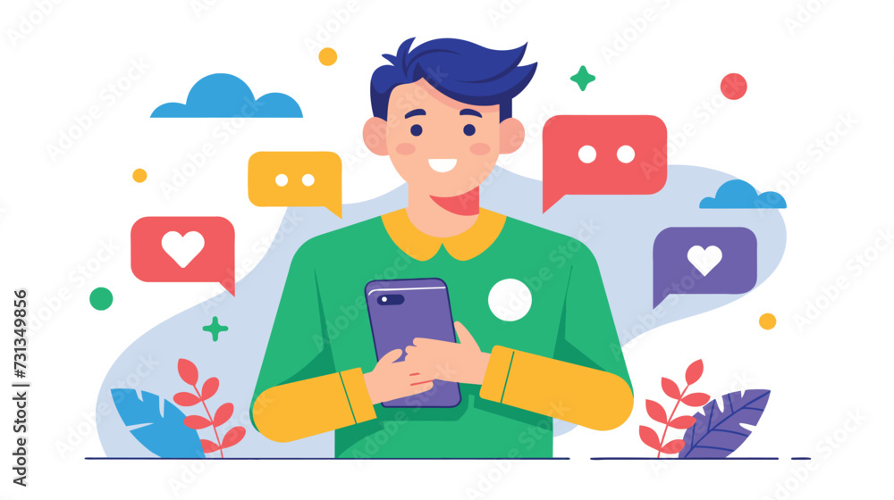 Smiling Man Engaging With Social Media on Smartphone Smiling Man Engaging With Social Media on Smartphone