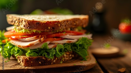 meticulously crafted gourmet sandwich, focal point is a mouthwatering cross-section revealing layers of premium ingredients, from succulent slices of roasted turkey to vibrant, crisp vegetables