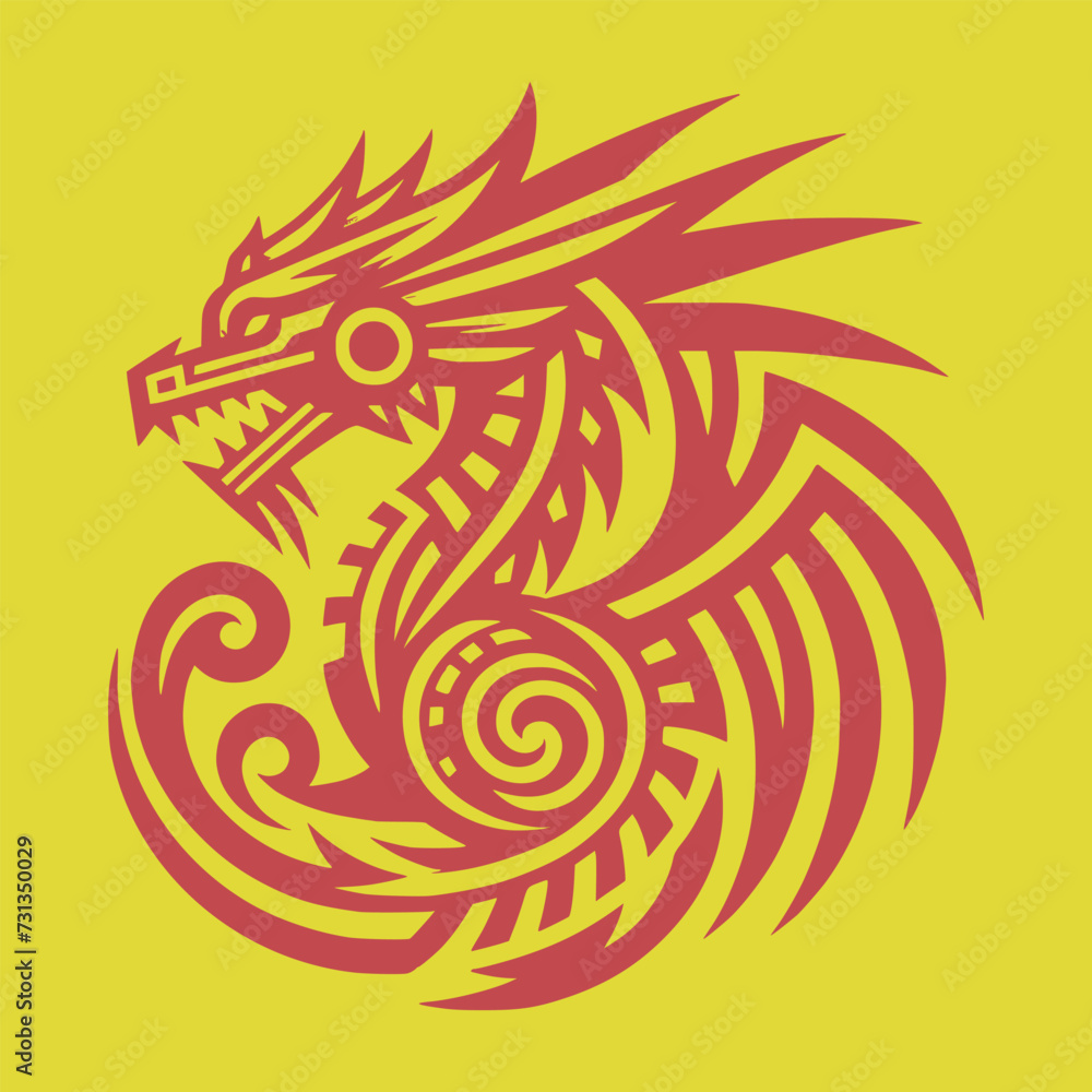 ancient art of dragon with style of maya tribe scripture of wall mythical vector illustration