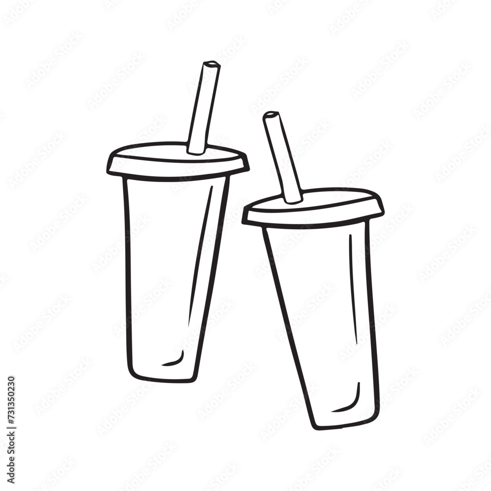 Two disposable cups with coffee tea or juice with straw and lid in black isolated on white background. Cheers, friendship, date, meeting concept. Hand drawn vector sketch doodle illustration. Two disposable cups with coffee tea or juice with straw and lid in black isolated on white background. Cheers, friendship, date, meeting concept. Hand drawn vector sketch doodle illustration.
