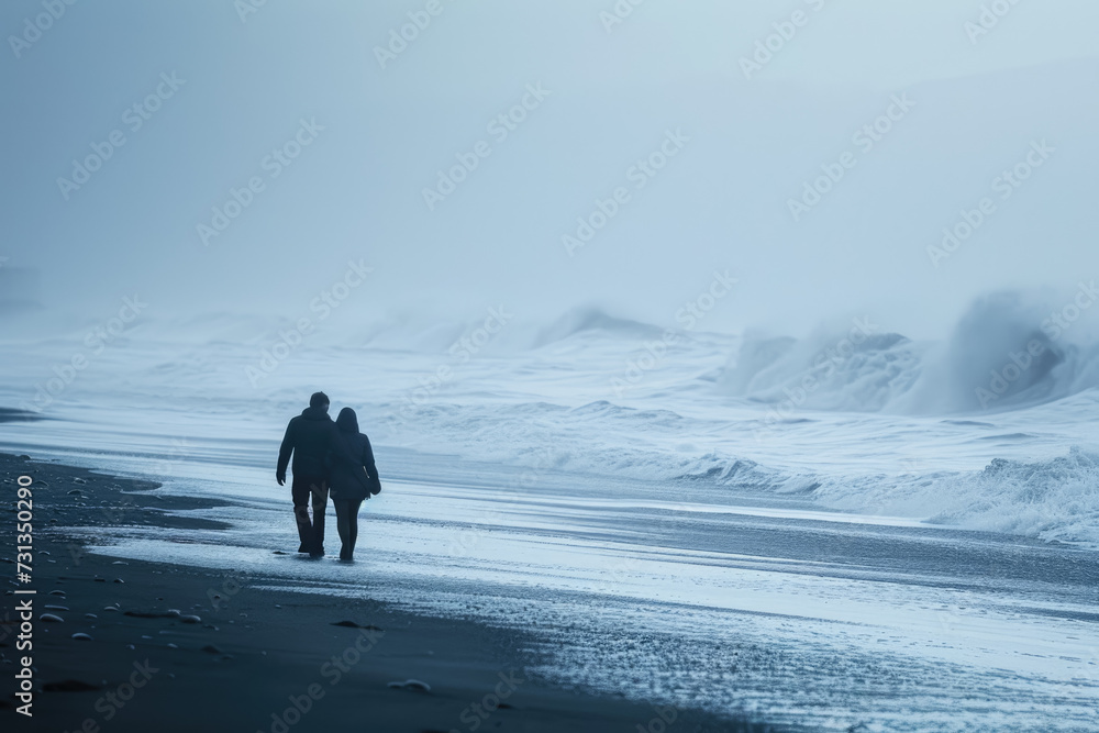 man and a woman taking a romantic stroll on the beach, with waves crashing in the background man and a woman taking a romantic stroll on the beach, with waves crashing in the background
