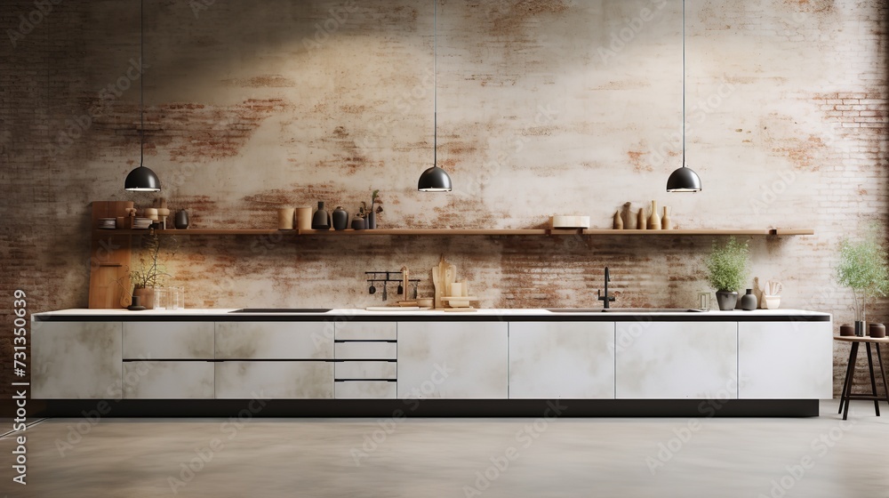 Fototapeta premium Warm Industrial Kitchen: Exposed Brick & Soft Textures for Cozy Urban Feel