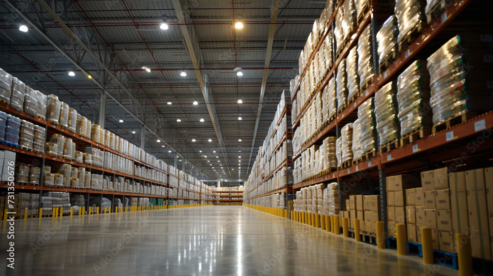 A well-maintained food storage facility within a spacious warehouse, showcasing rows of meticulously arranged boxes, ready to be distributed. The cleanliness and organization reflect the hig