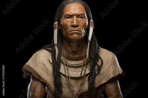 Squanto realistic statue. He was Native American of the Wampanoag tribe and played a crucial role as an interpreter and intermediary between the Plymouth Colony settlers and the indigenous peoples. photo