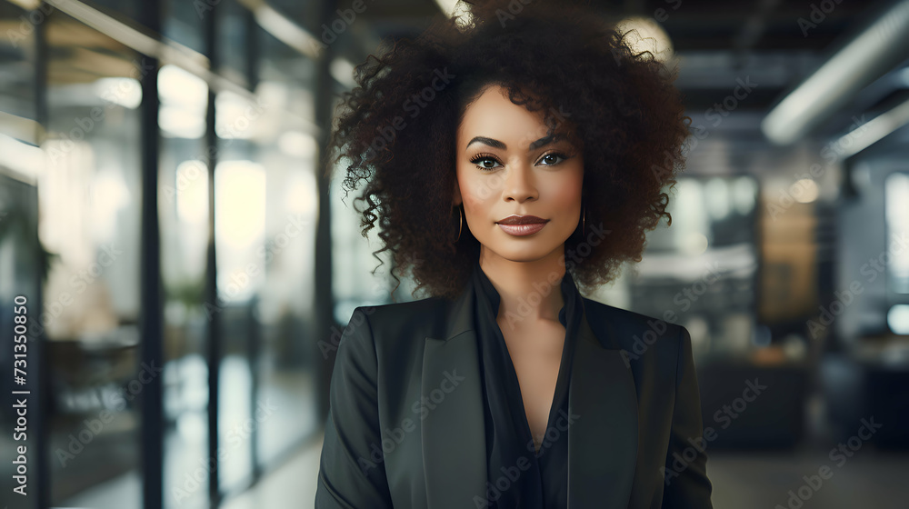 Obraz premium Portrait of a beautiful black smiling business woman posing and looking at camera